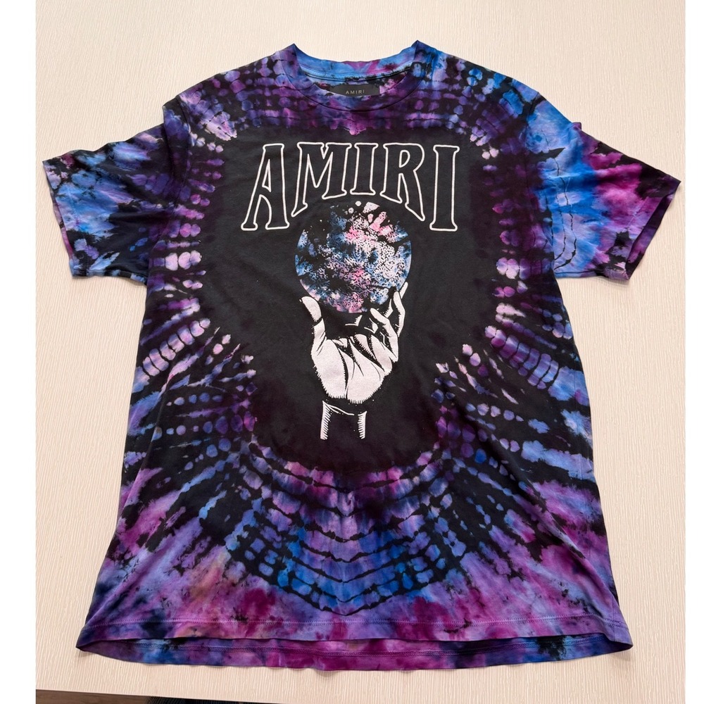 Amiri Mens Tie Dye Graphic T-Shirt Purple Blue Black Hand Orb Size UK 36 US S/M